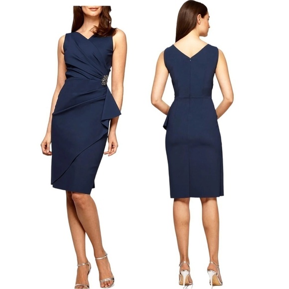 NWT Alex Evenings Sz 12 Side Ruched Cocktail Dress Navy - Picture 1 of 8